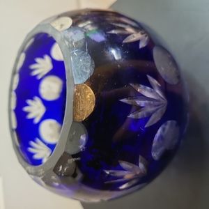 Cobalt Blue Cut to Clear Crystal Glass Rose Bowl